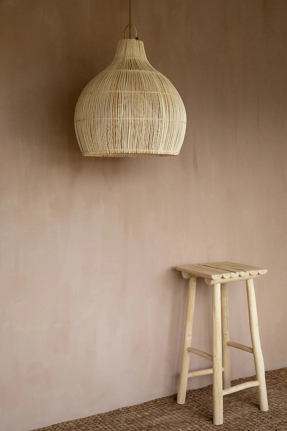 Kayu Living natural rattan pendant lamp with handwoven vase shape, coastal charm for dining or reading nook.