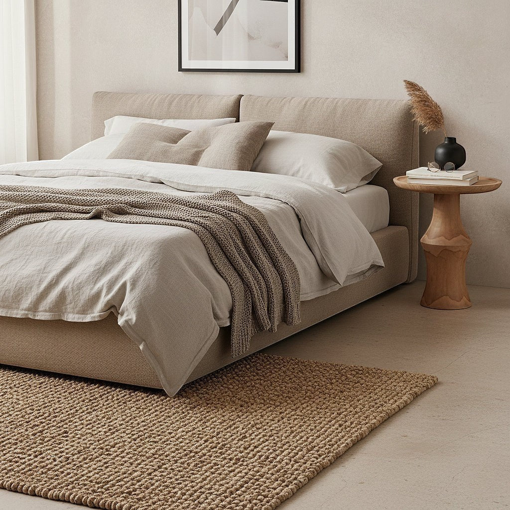 Kayu Living Nero Dawn teak side table with a sculptural base beside a modern upholstered bed in a neutral bedroom.