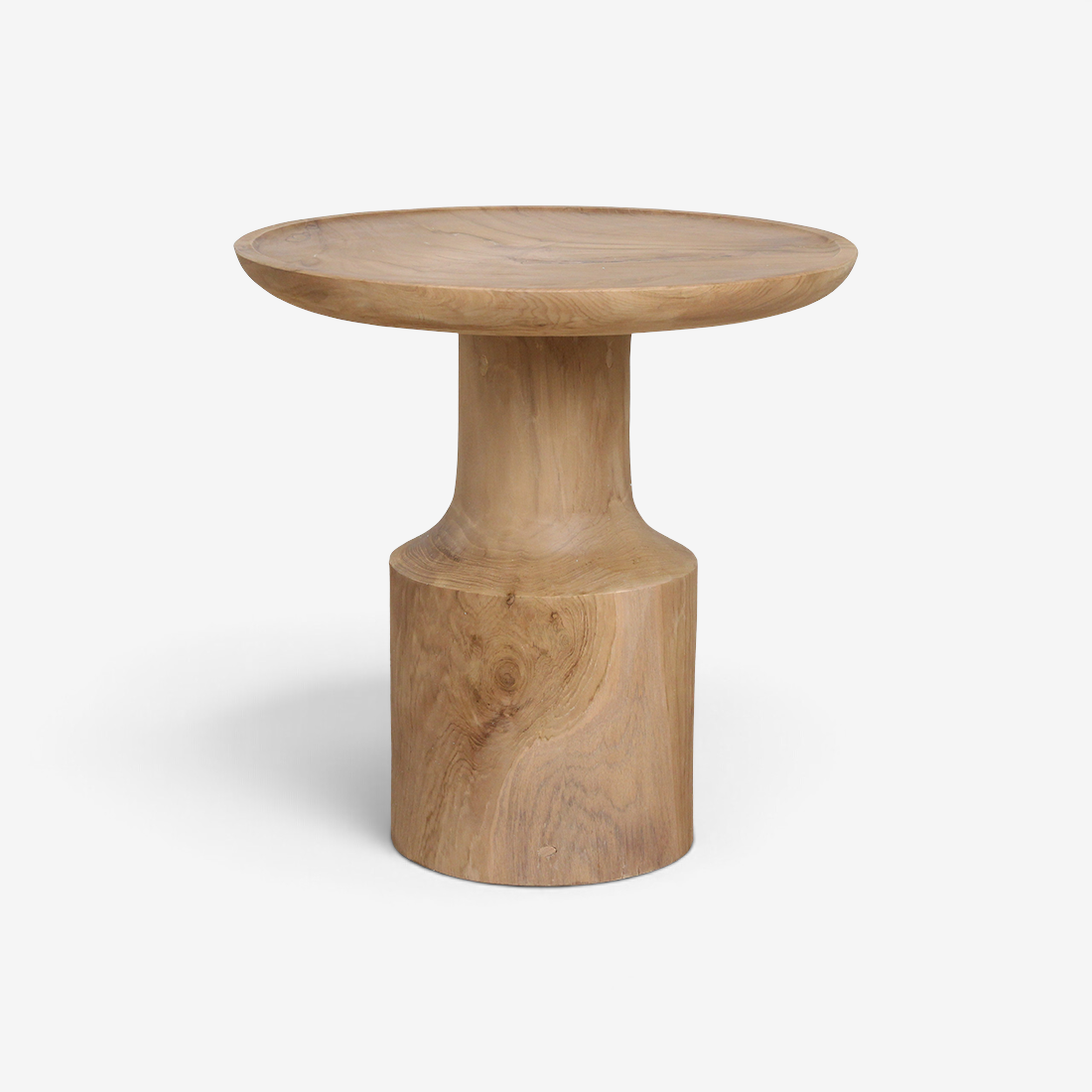 Kayu Living Nero Day side table in natural teak wood with a modern pedestal base and round tabletop