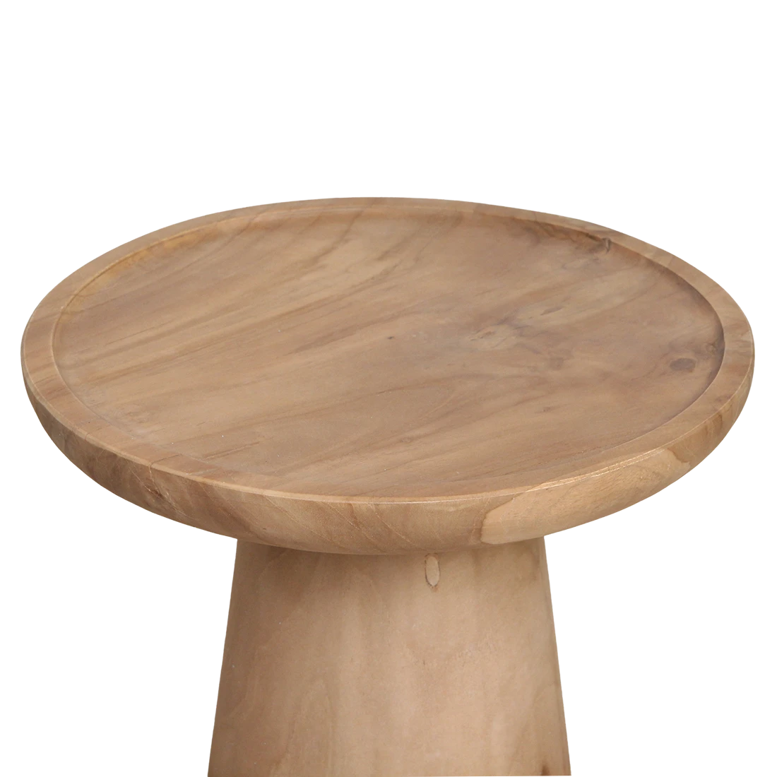 Kayu Living Nero Ray teak side table with a round top and natural wood grain finish against a black background.