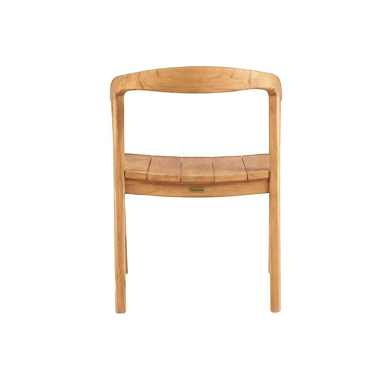 Kayu Living Nihi Oka outdoor dining chair in natural teak with a curved back and slatted seat.