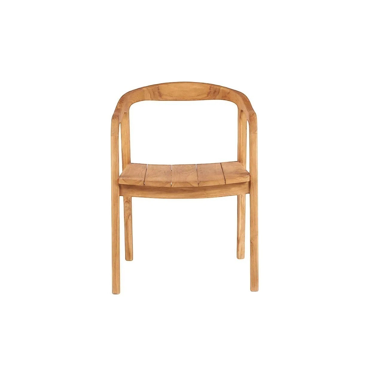 Kayu Living Nihi Oka dining chair in natural teak with curved back and slatted seat, perfect for indoor or outdoor use.