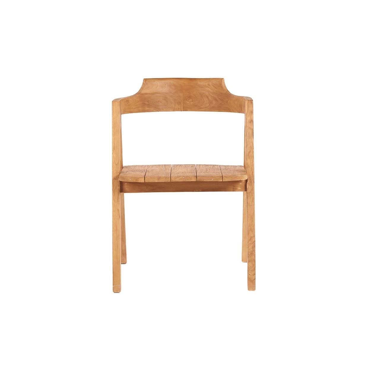Kayu Living Nihi Sumba outdoor dining chair in natural teak with sculpted curves and slatted seat.