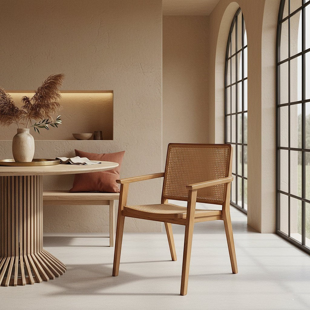 Kayu Living Nova teak dining chair with armrests and hand-woven rattan seat in a modern, neutral-toned dining room.