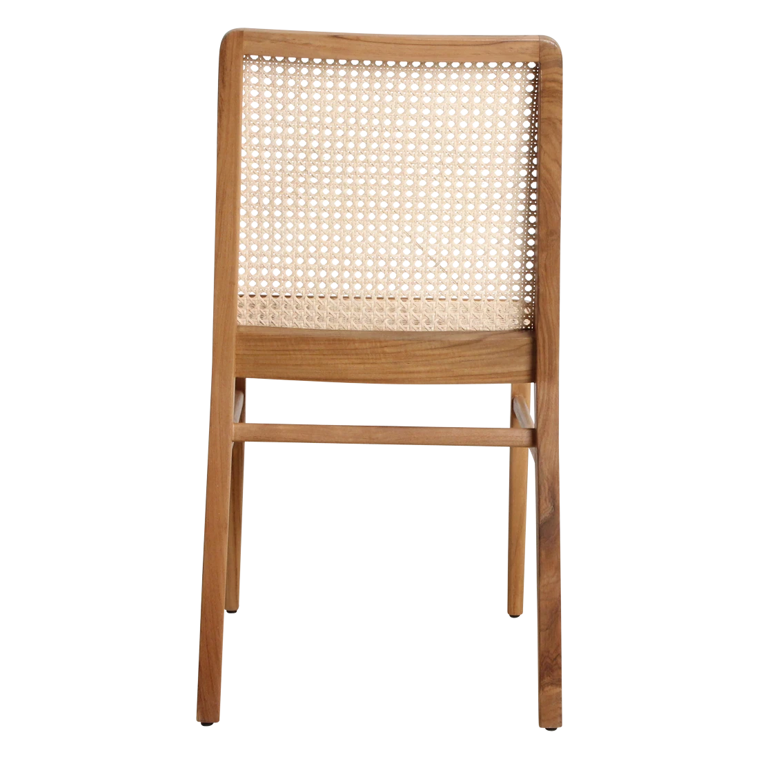 Kayu Living Nova teak dining chair with a natural wood frame and hand-woven rattan backrest for a timeless look.