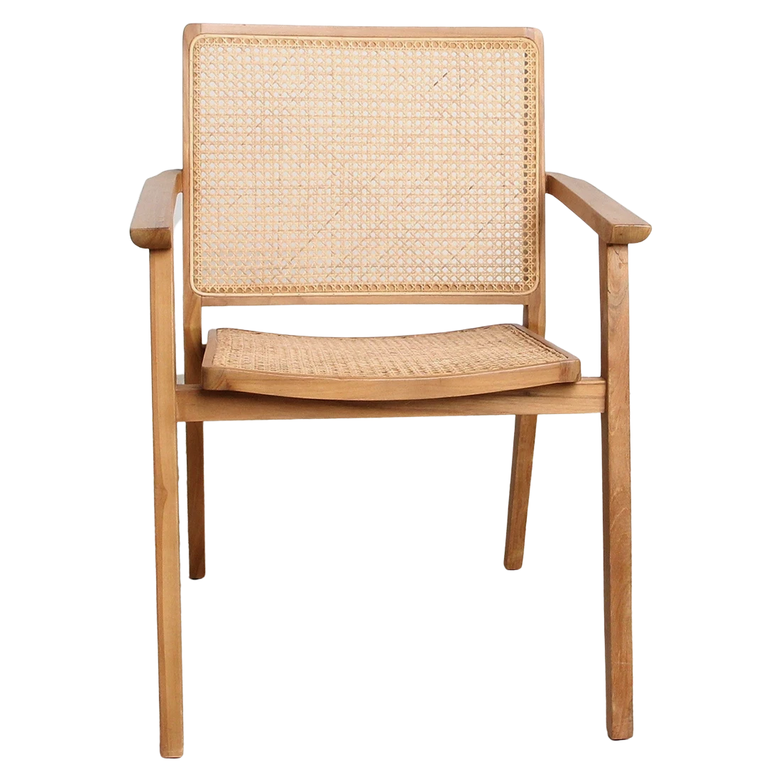 Kayu Living Nova teak dining chair with armrests and hand-woven rattan seat and back in a natural wood finish.