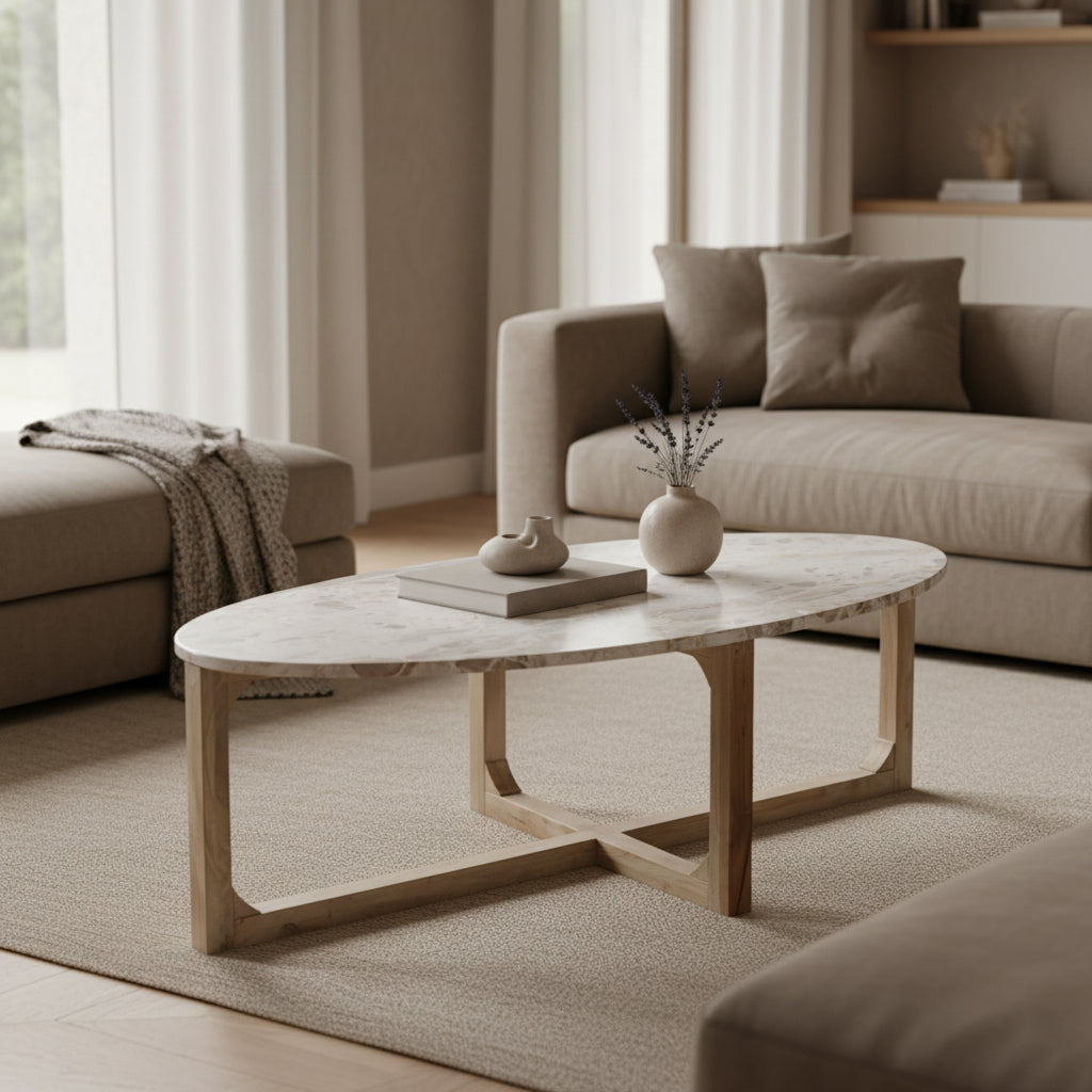 Kayu Living oval coffee table with a cream marble top and a sturdy natural mango wood base in a modern living room.