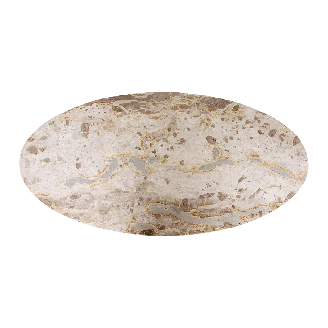 Kayu Living oval cream marble coffee table top with unique natural veining and fossil-like markings