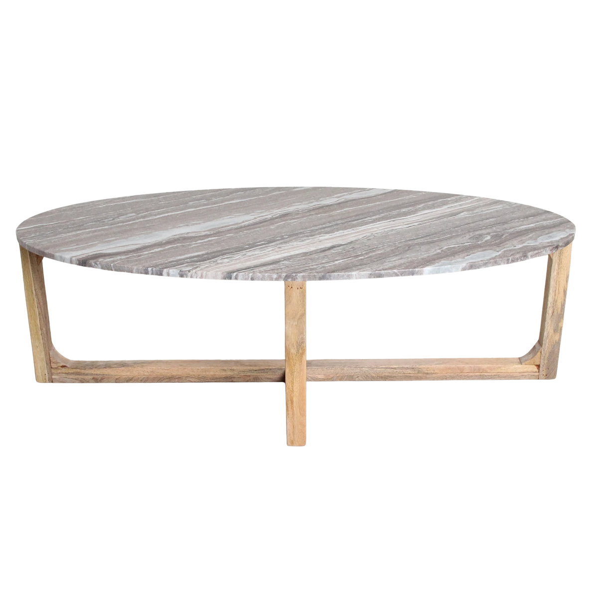 Kayu Living oval Fantasy Brown marble coffee table with brown, gray, and white veining on a sustainable mango-wood base