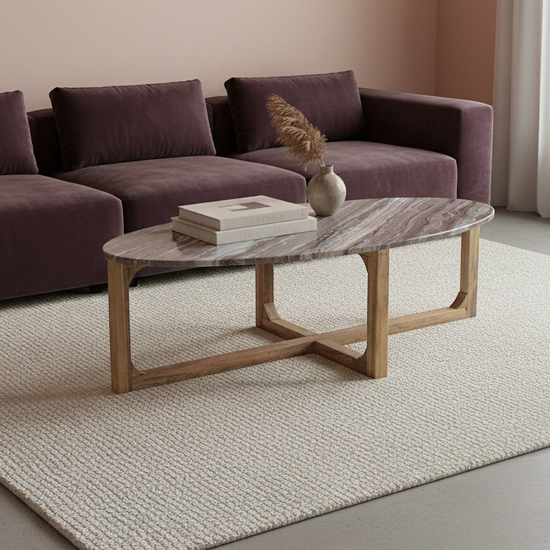 Kayu Living oval Fantasy Brown marble coffee table with brown, gray, and white veining on a mango-wood base.