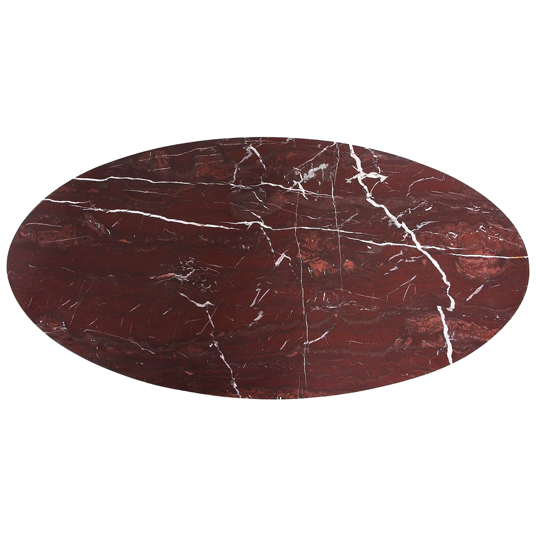 Kayu Living oval marble coffee table in deep bordeaux with white veining and a natural mango-wood base.