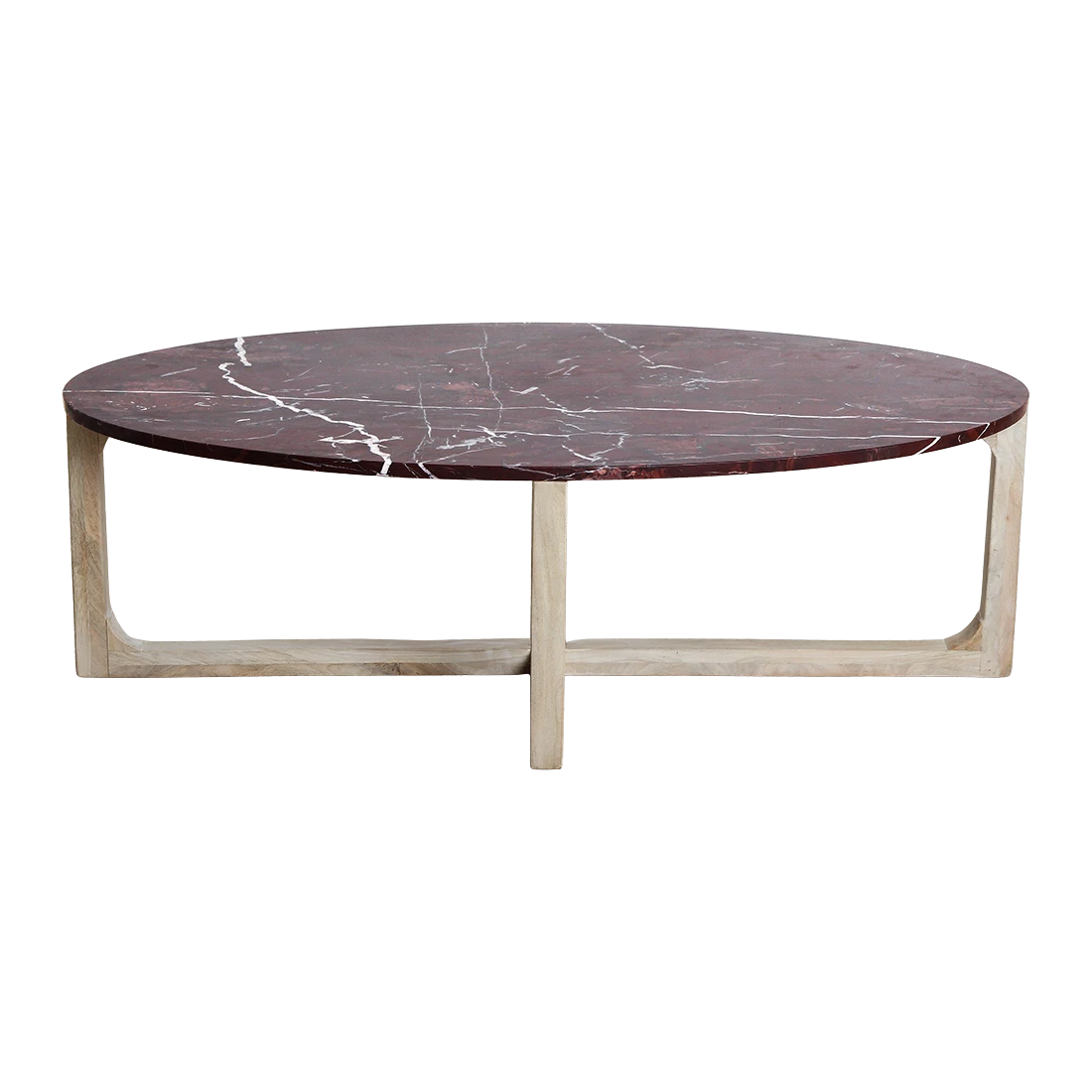 Kayu Living oval marble coffee table with bordeaux top and white veining on a natural mango wood base. 120x60x38 cm.
