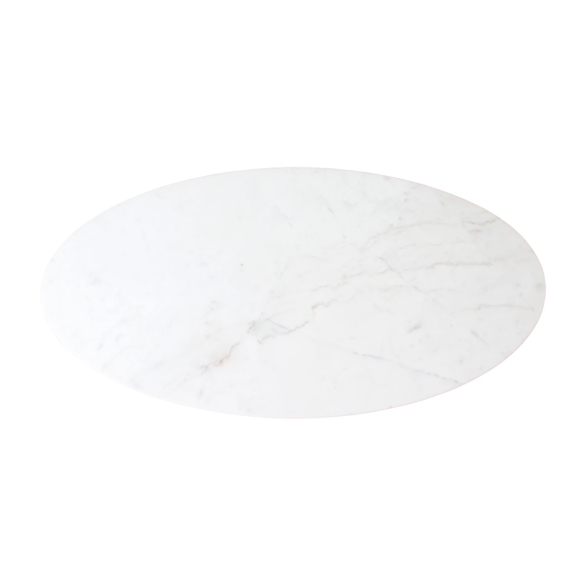 Kayu Living oval white marble coffee table top with natural grey veining viewed from above on a black background