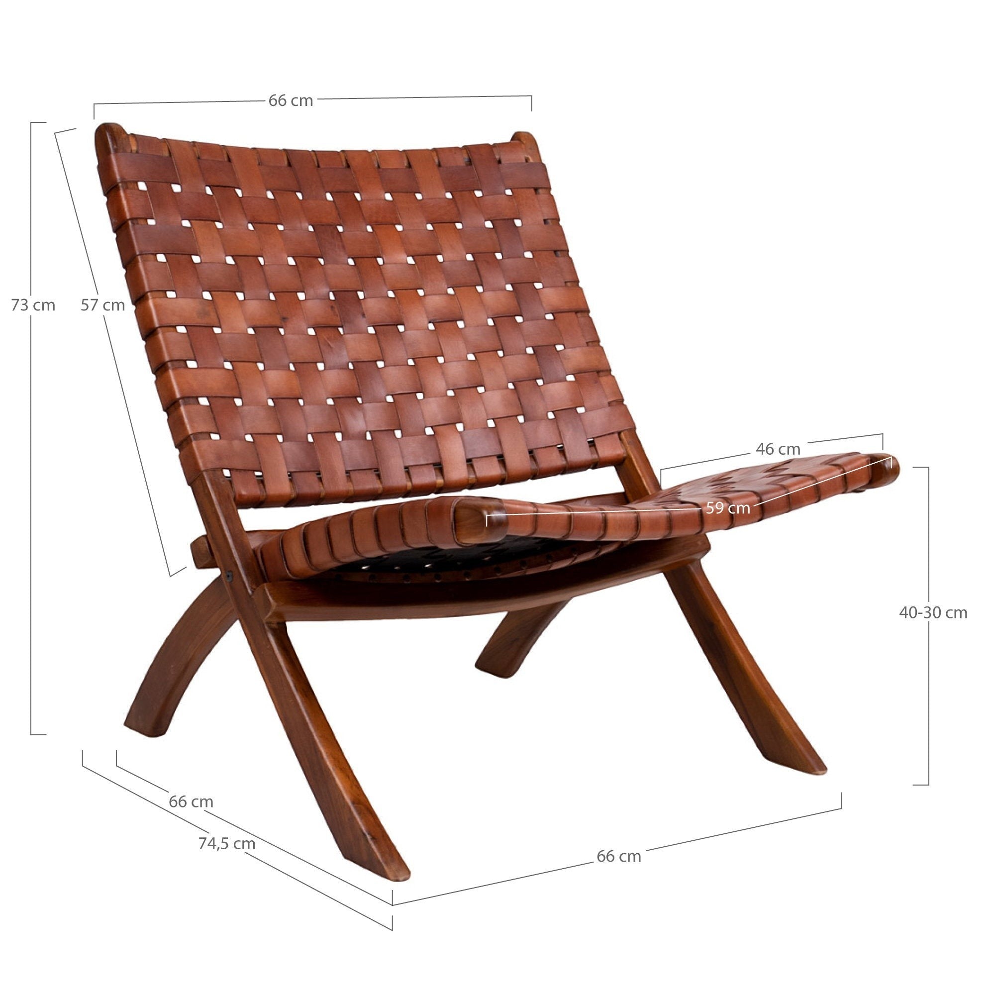 Kayu Living Perugia folding chair featuring a woven brown leather seat and sturdy teak wood frame with dimension labels.