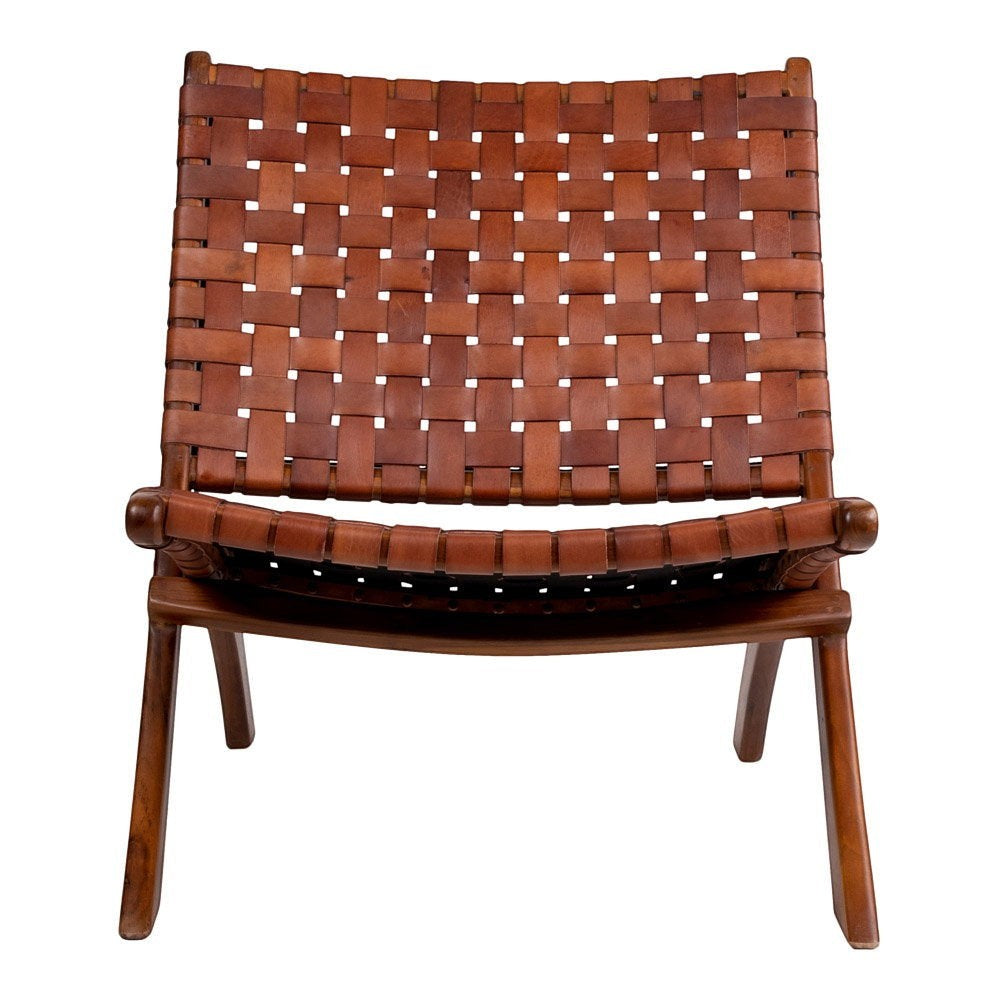 Kayu Living Perugia folding chair featuring a woven brown leather seat and sturdy teak wood frame.