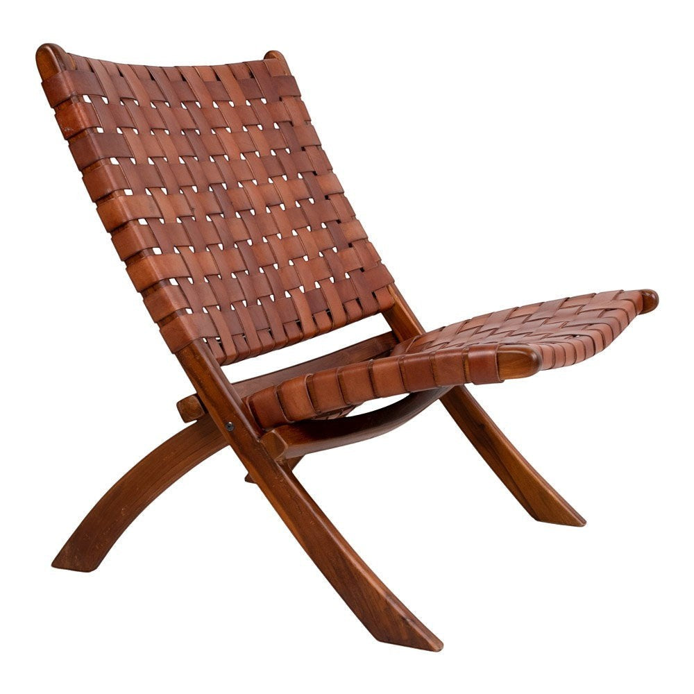 Kayu Living Perugia folding chair featuring a woven brown leather seat and backrest with sturdy teak wood legs.