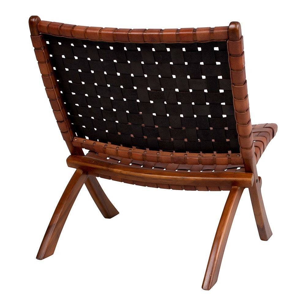 Kayu Living Perugia folding chair featuring a brown leather woven backrest and sturdy teak wood frame, rear view.