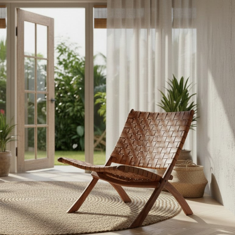 House Nordic Perugia folding lounge chair in brown with wooden frame and fabric seat, designed for versatile indoor and outdoor use.
