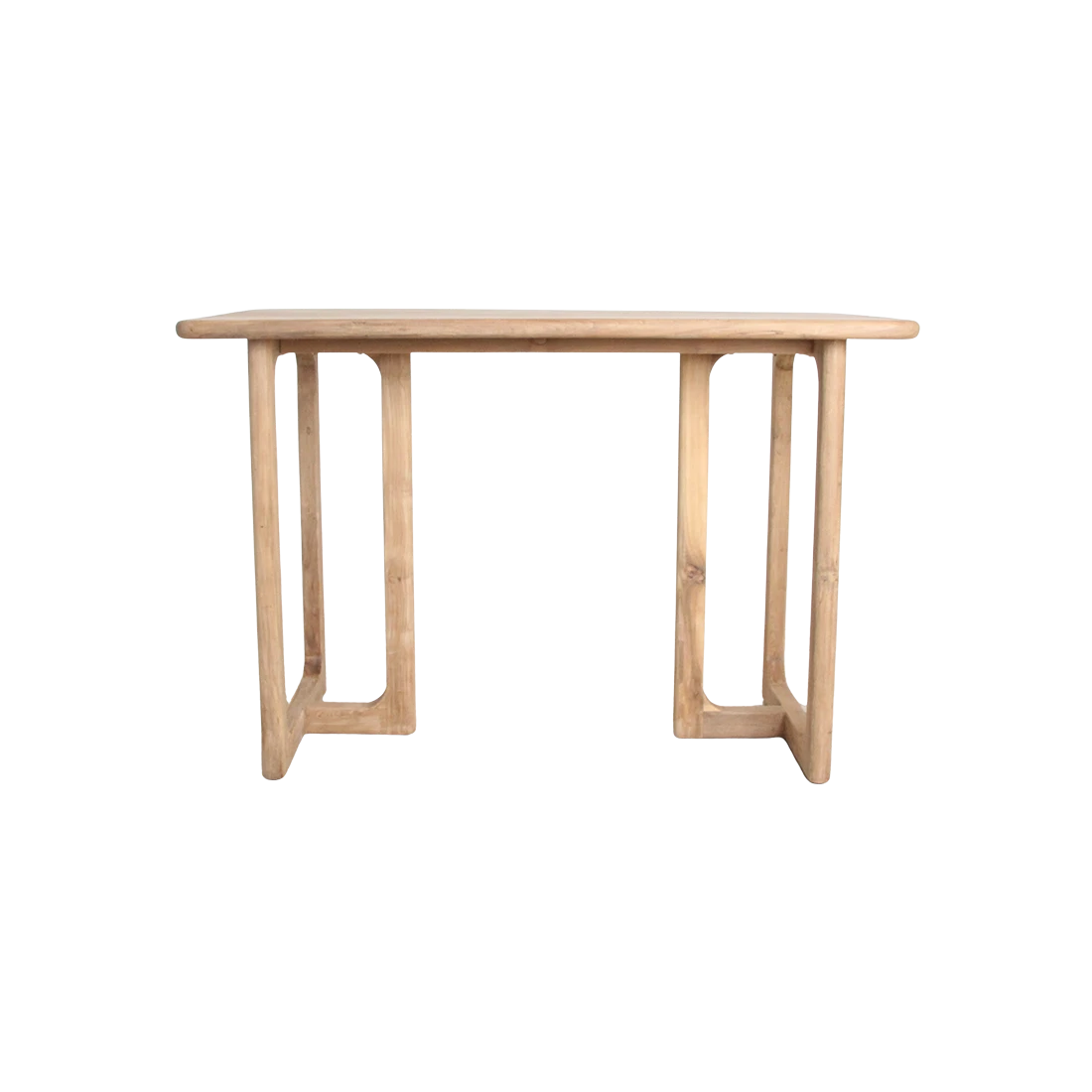 Kayu Living Primavera high bar table in natural recycled teak with a rounded top and U-shaped legs.