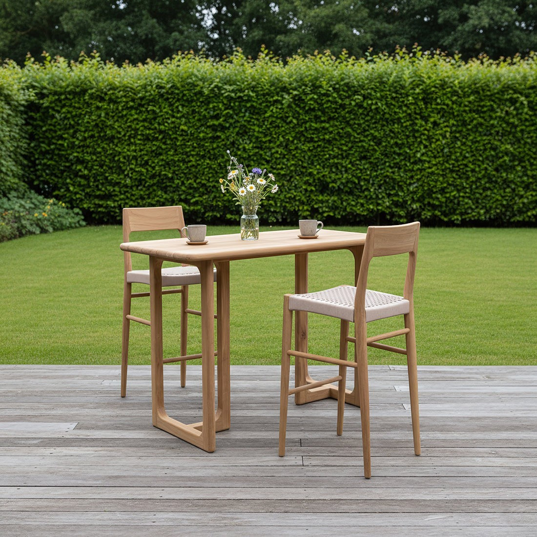 Kayu Living Primavera teak bar table with two matching high stools on a wooden terrace in a garden setting.