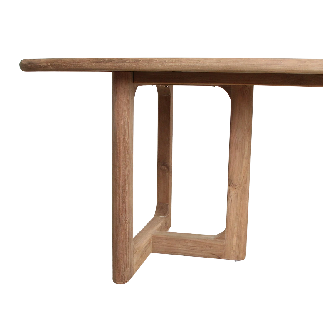 Kayu Living Primavera garden table made from recycled teak with rounded edges and organic U-shaped legs.