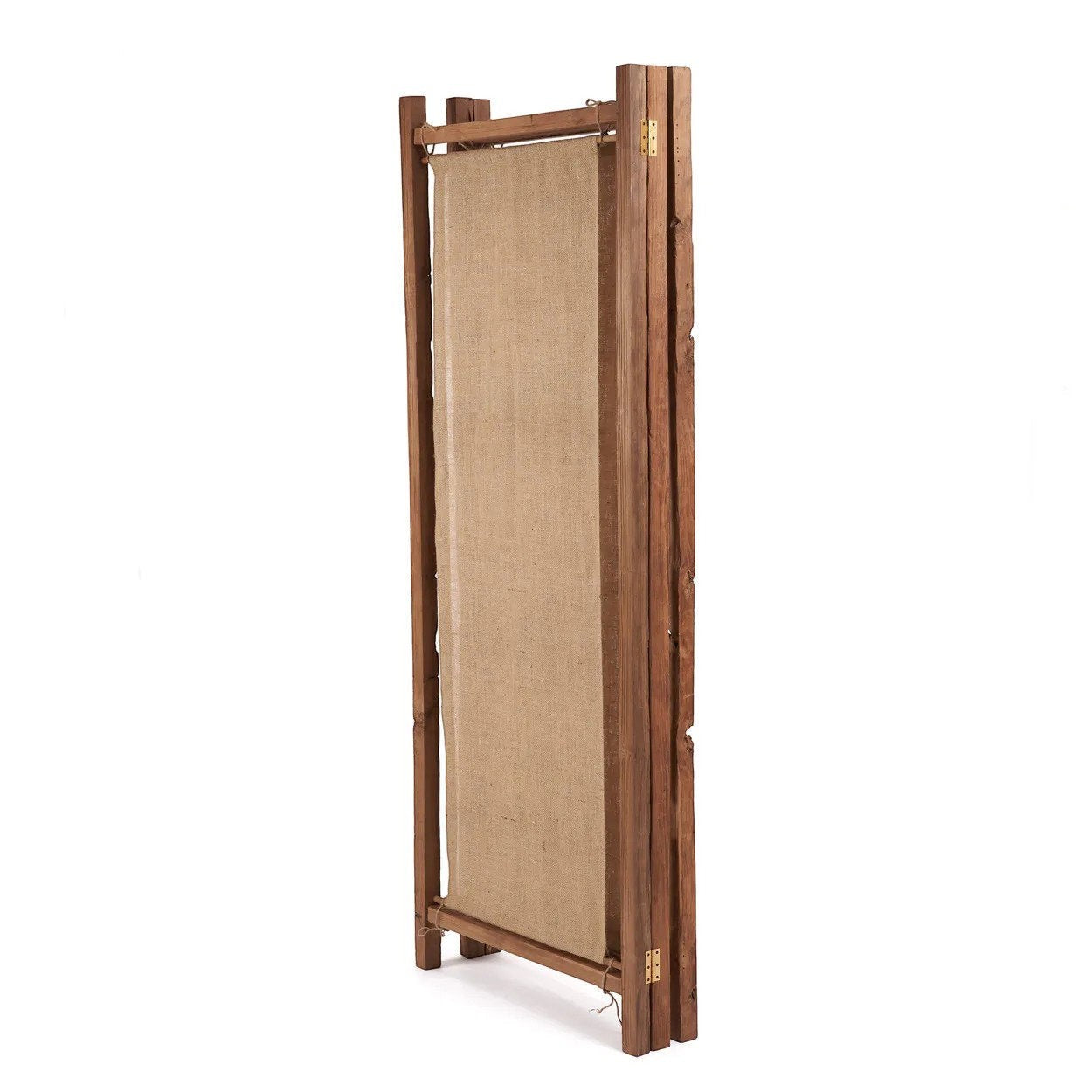Kayu Living Zenbu room divider made from reclaimed teak wood and natural jute fabric in a rustic, foldable design.