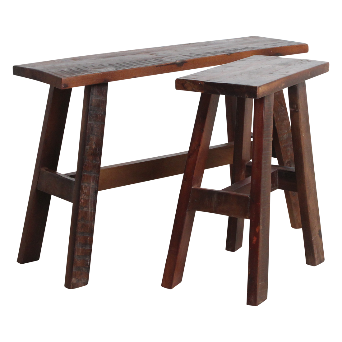 Kayu Living industrial wooden bench and matching stool made from reclaimed FSC-recycled wood with a warm patina.