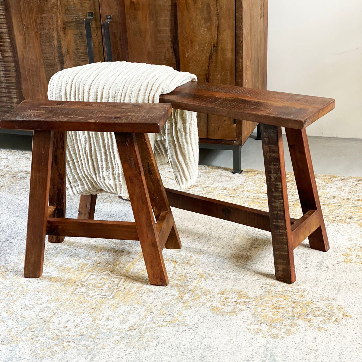 Kayu Living industrial wooden bench from the Factory Collection made of reclaimed FSC-recycled wood with warm patina.