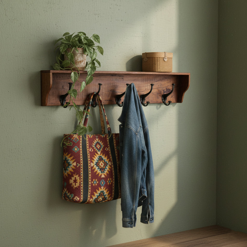 Kayu Living Factory wall coat rack in reclaimed wood with five black hooks, top shelf, and vintage rustic design.