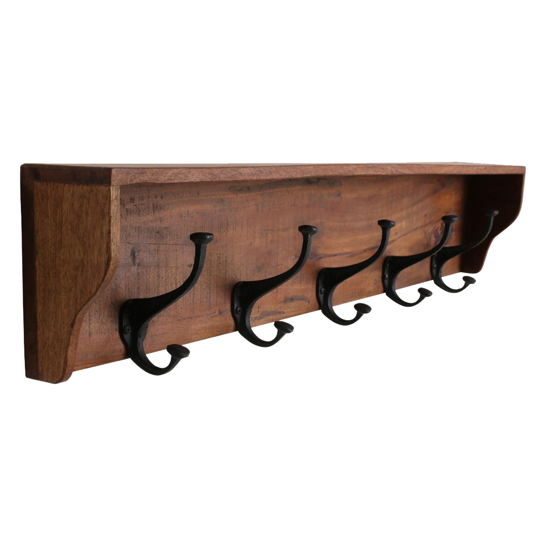 Kayu Living wall coat rack made of reclaimed wood with five black metal double hooks and a top shelf