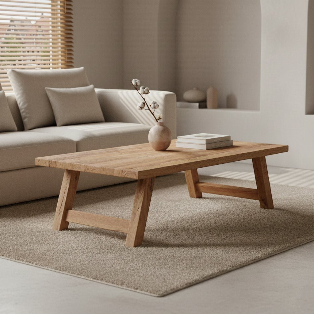 Kayu Living rectangular farmhouse coffee table made from rustic FSC-certified reclaimed wood in a modern living room.