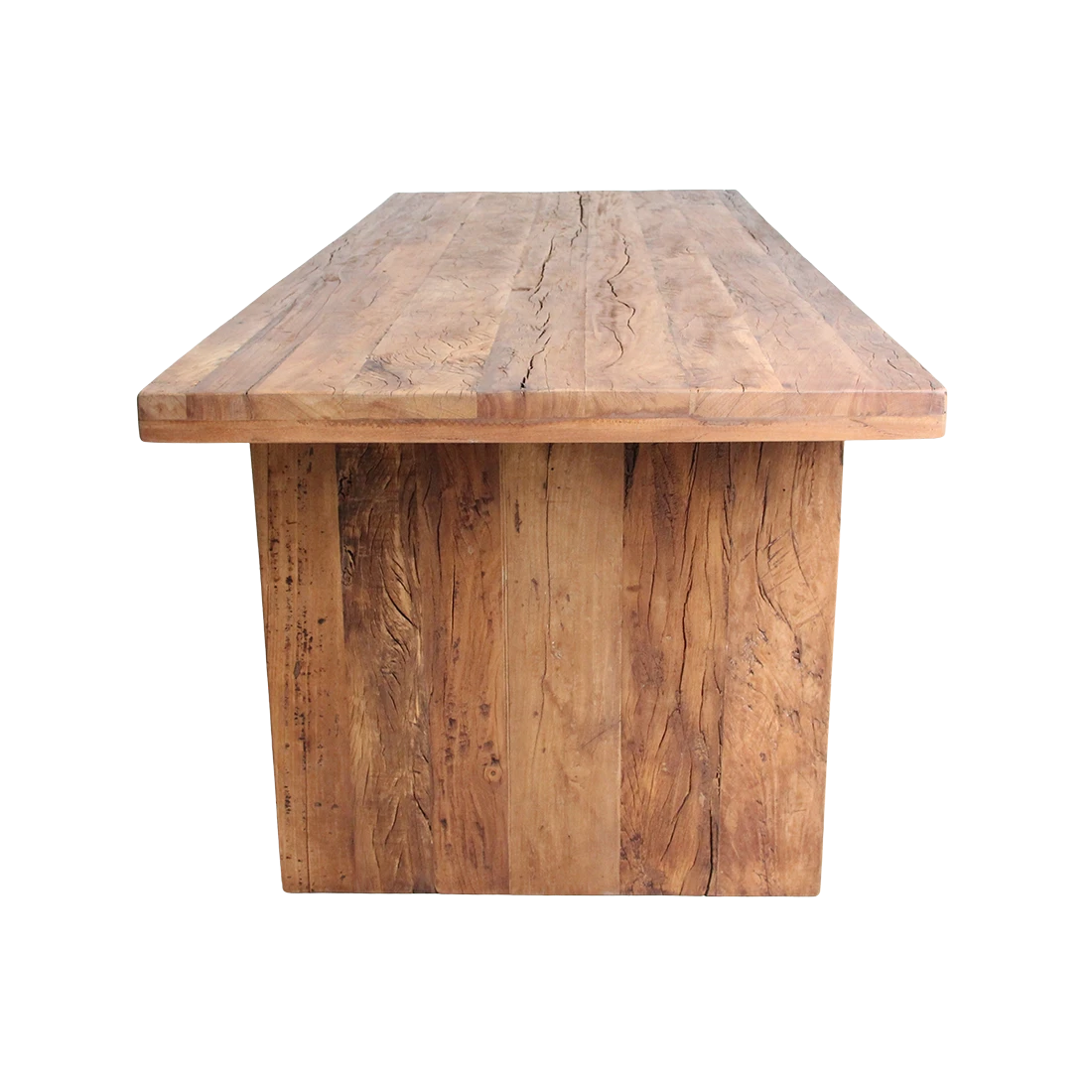 Kayu Living Farmwood waterfall dining table made from reclaimed timber with natural grain and weathered wood texture