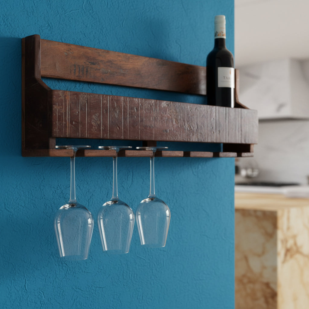 Kayu Living industrial wall-mounted wine rack made from reclaimed FSC-recycled wood with hanging wine glass slots.