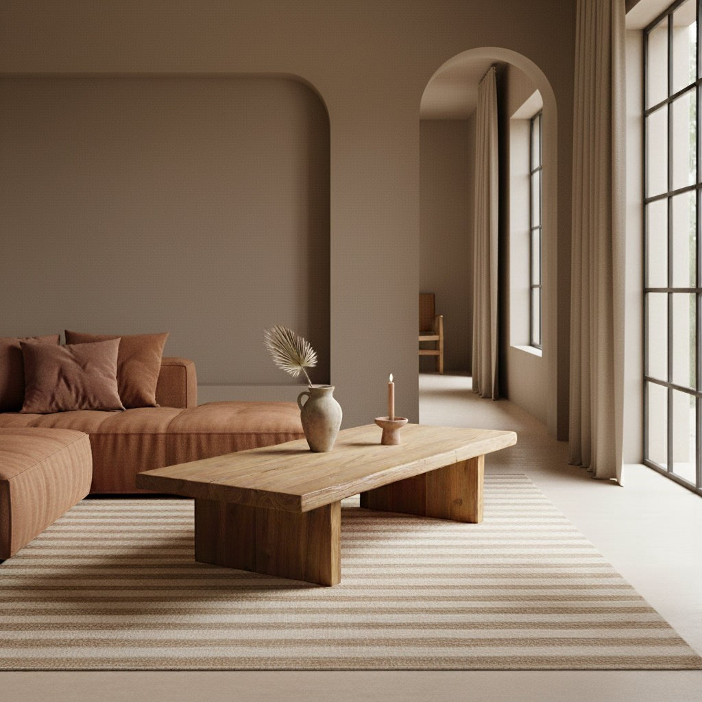 Kayu Living FSC recycled teak coffee table with natural grain, 140x60x30 cm, in a modern living room setting.