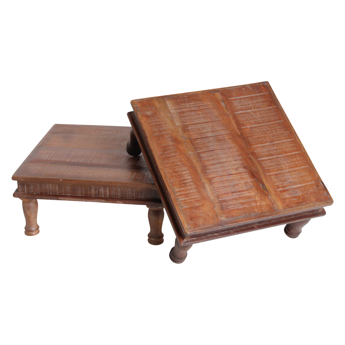 Kayu Living small square Bajot side table made from FSC-recycled Indian wood with hand-turned legs and rustic patina.