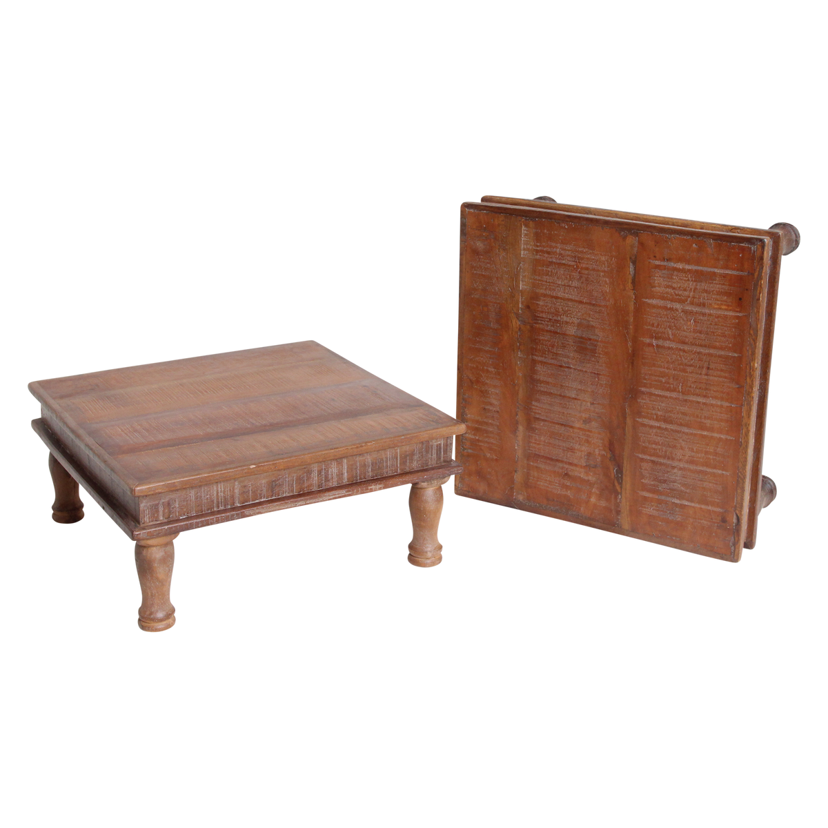 Kayu Living small square Bajot side table in recycled wood with hand-turned legs and rustic patina finish.