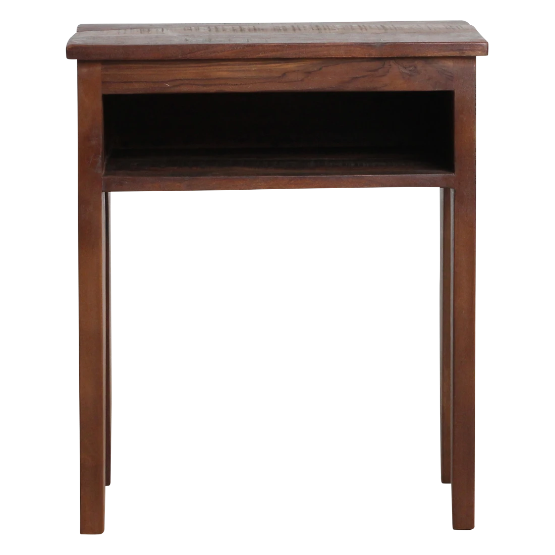 Kayu Living Factory bedside table in dark FSC-recycled wood with an open shelf and slim tapered legs