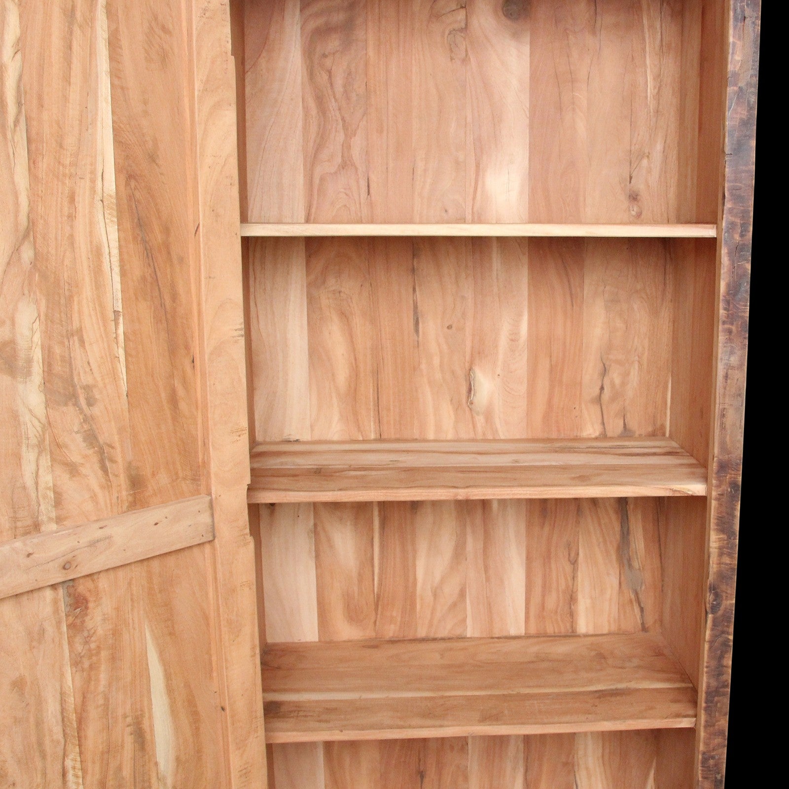 Kayu Living Farmwood cabinet interior with three visible shelves made of warm-toned, rustic FSC-recycled wood.