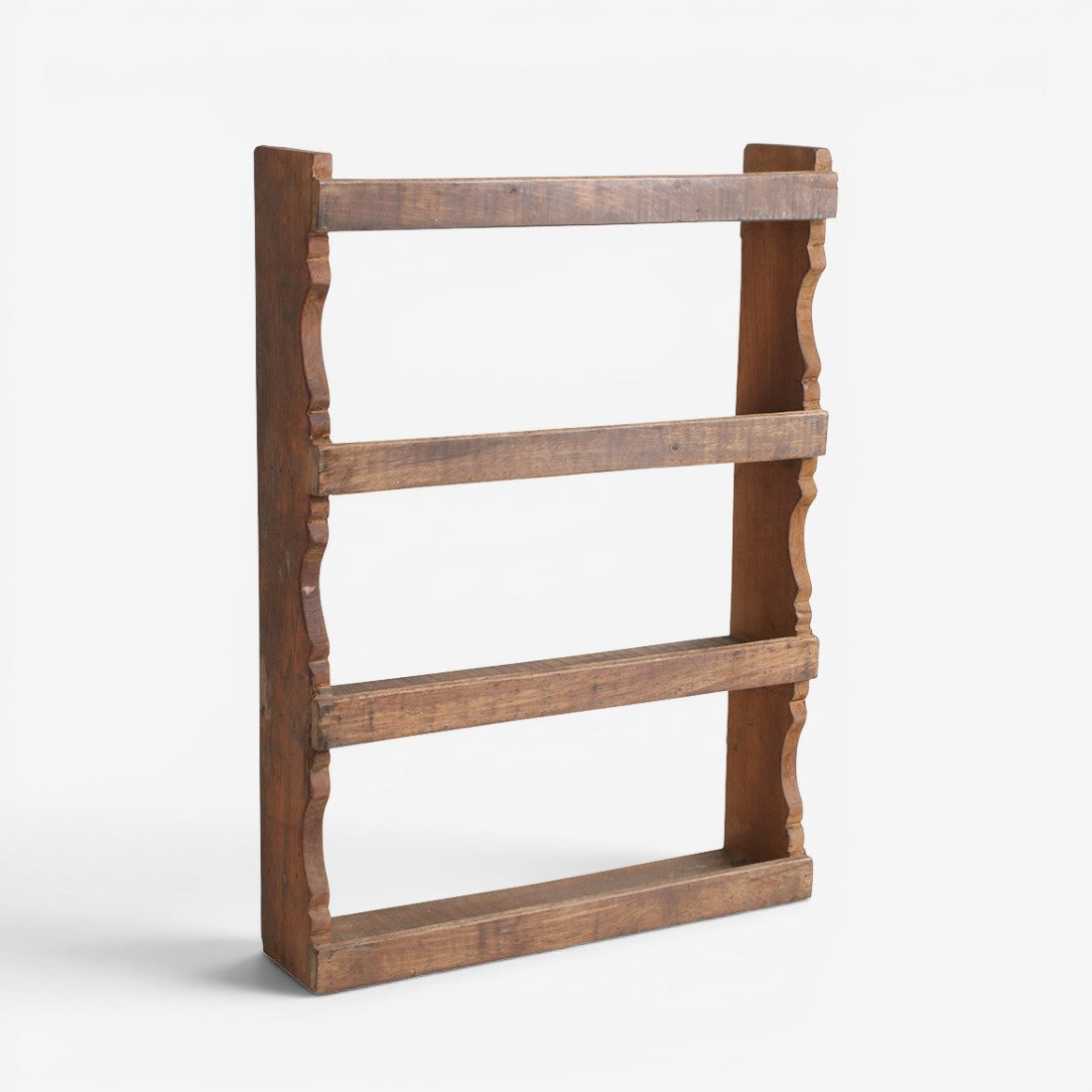 Kayu Living four-tier wall-mounted spice rack made from rustic FSC-recycled wood with decorative wavy side panels.