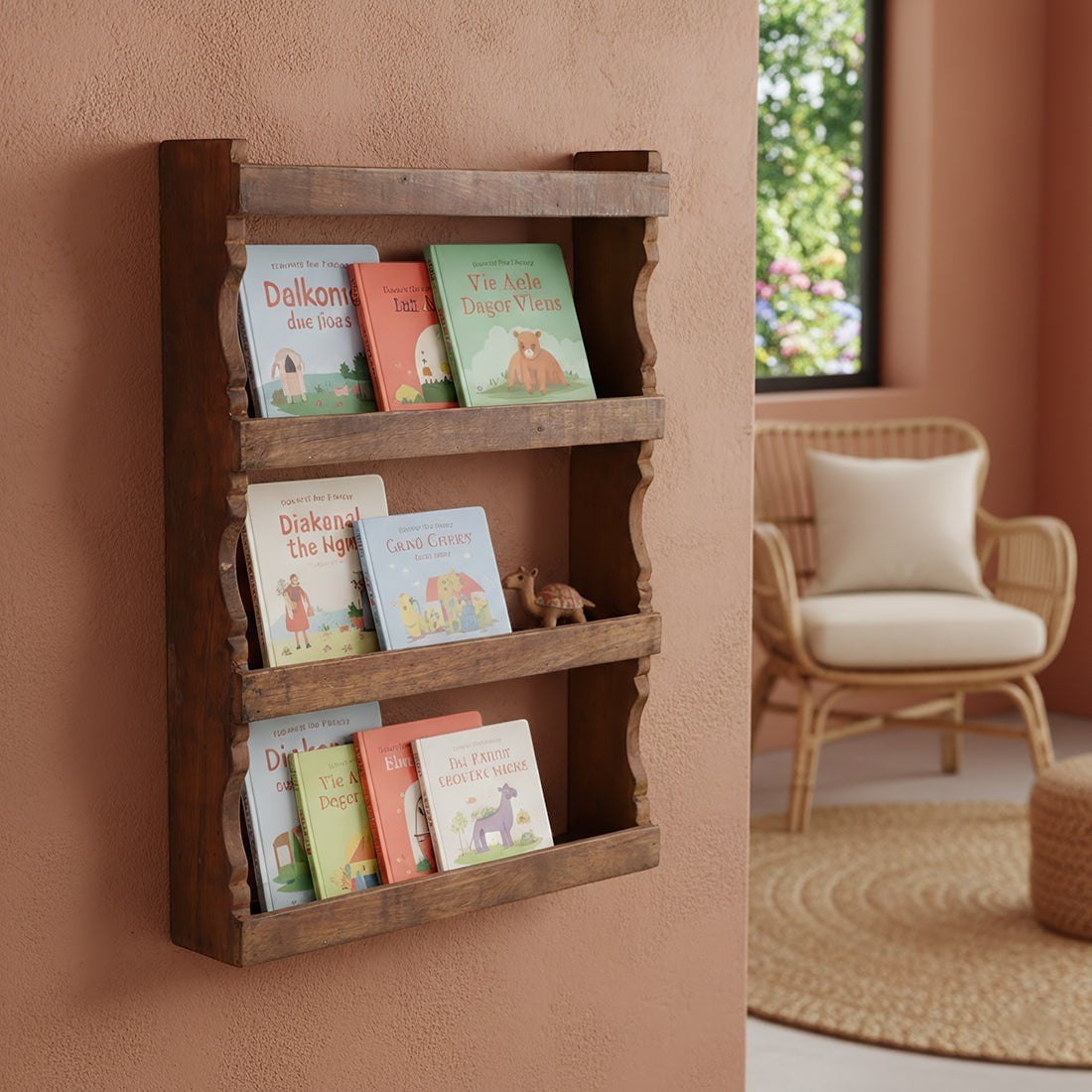 Kayu Living wall-mounted herb rack made from dark FSC-recycled wood with four tiers, styled as a vintage bookshelf.