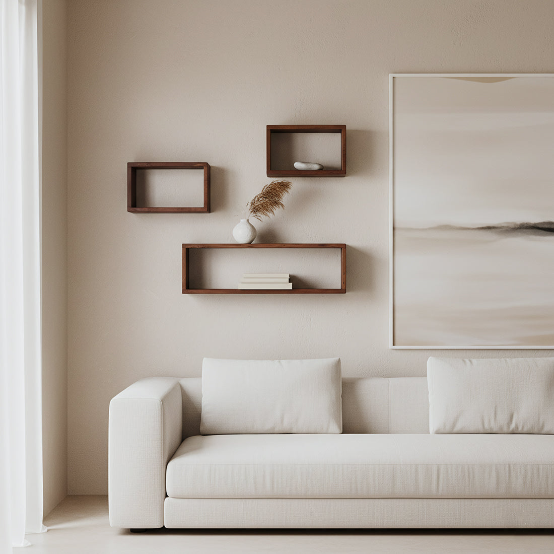 Kayu Living industrial wall shelf boxes made from dark FSC-recycled wood mounted above a beige sofa in a living room.