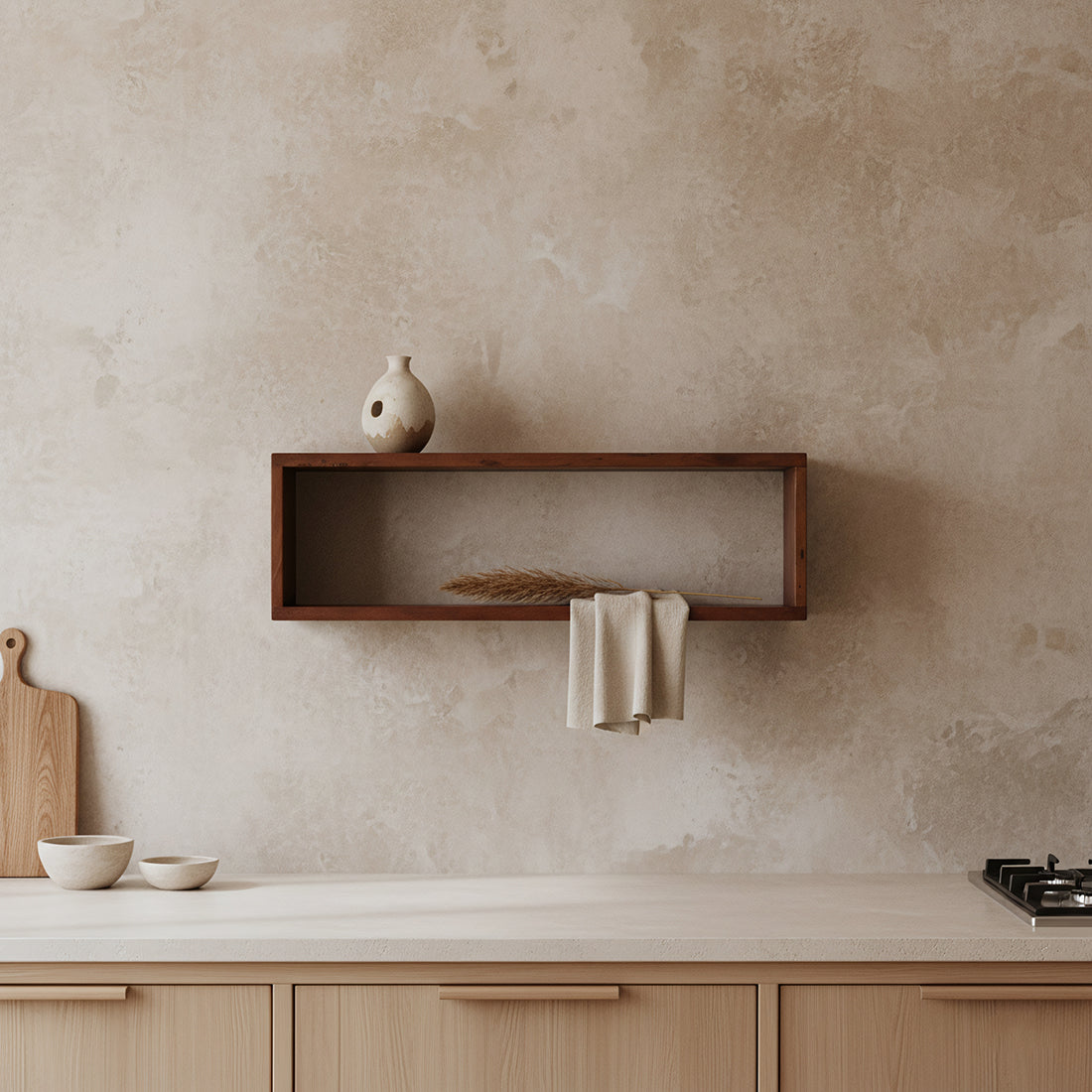 Kayu Living industrial wall shelf box made from dark FSC-recycled wood mounted above a kitchen counter.