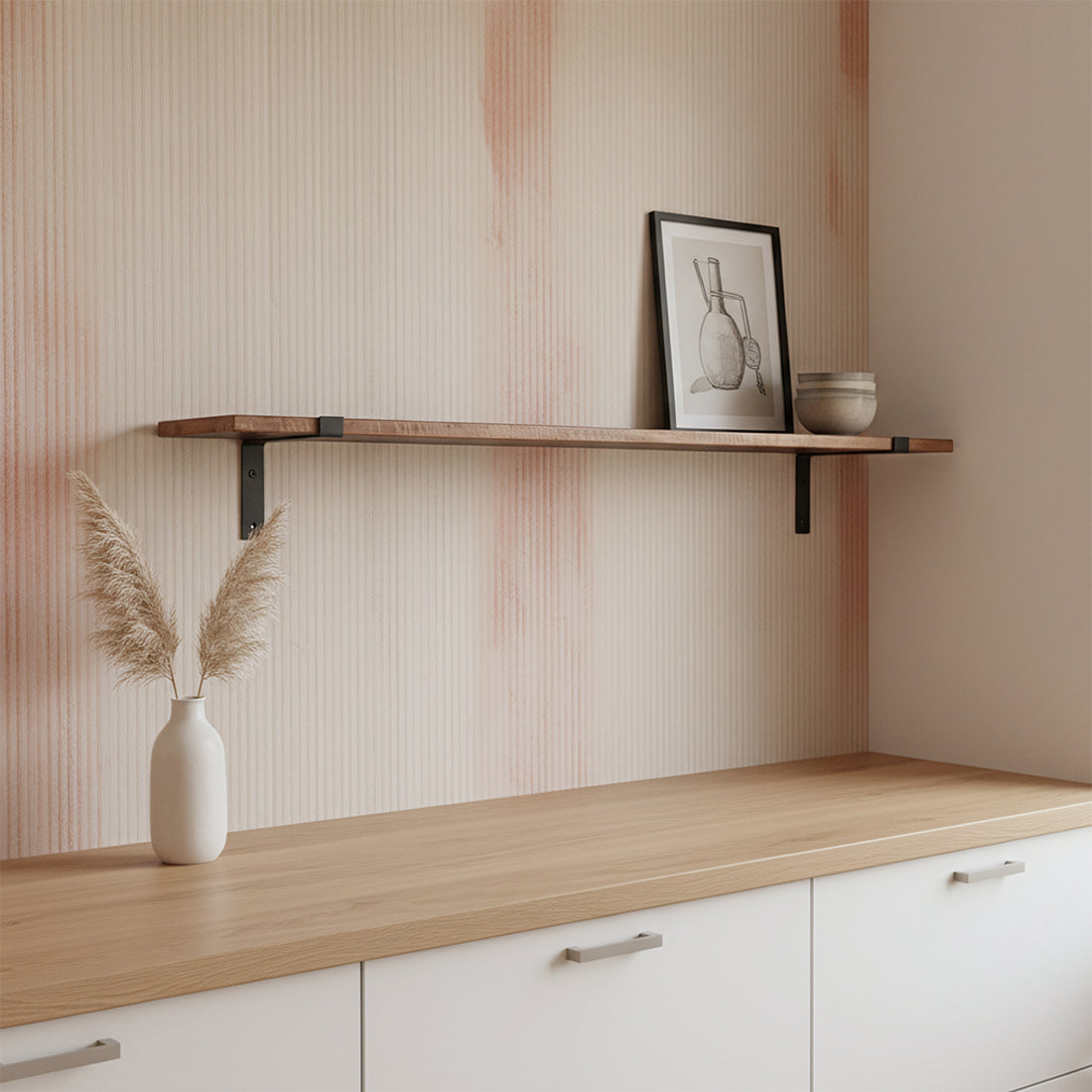 Kayu Living Factory wall shelf made of reclaimed FSC-recycled wood with black metal brackets on a textured wall.
