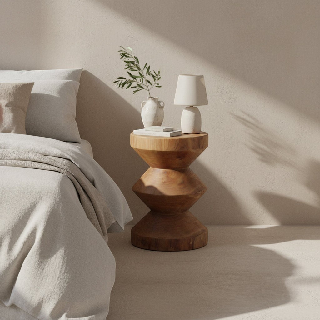 Kayu Living Rizo solid teak side table with geometric stacked design next to a bed in a warm minimalist bedroom.