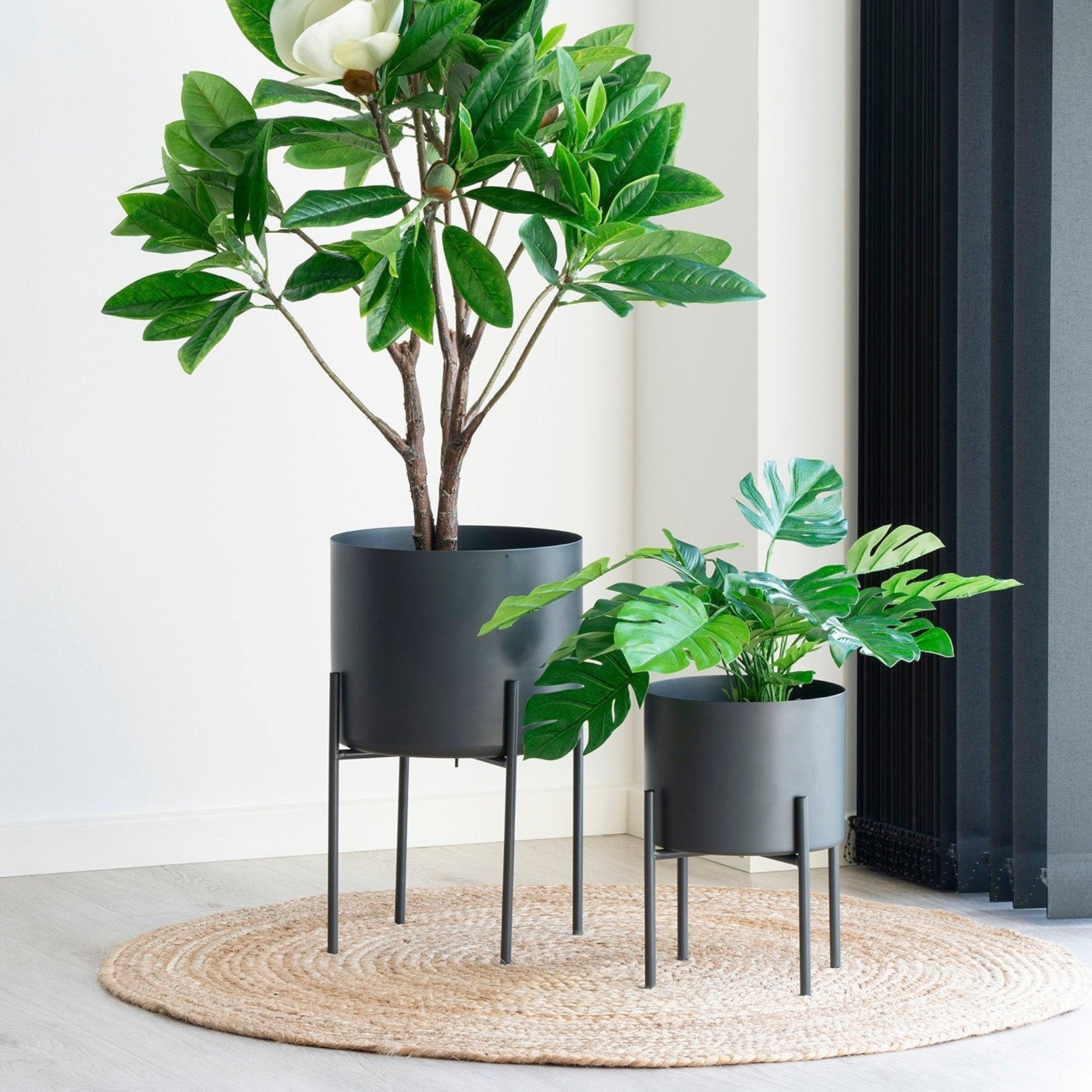 Kayu Living round natural braided jute rug under two black metal planters with green indoor plants