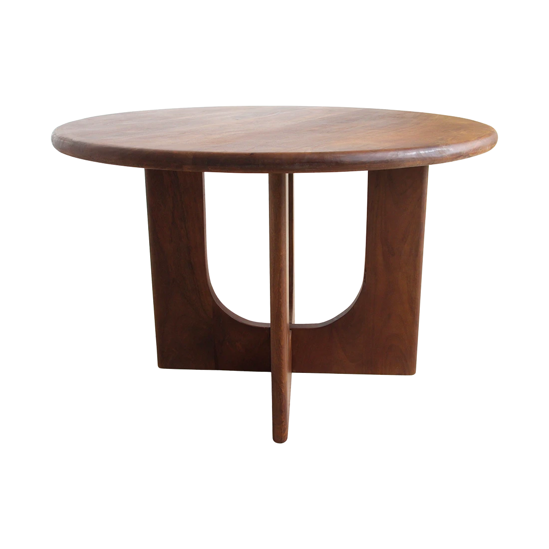 Kayu Living Bullnose Coliseo round dining table in solid mango wood with a natural grain and sturdy cross-shaped base.