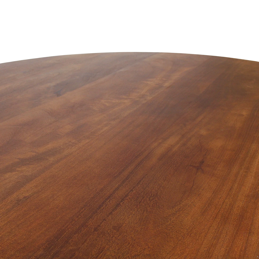 Close-up of the smooth, warm-toned natural grain on a Kayu Living round solid mango wood dining table surface.