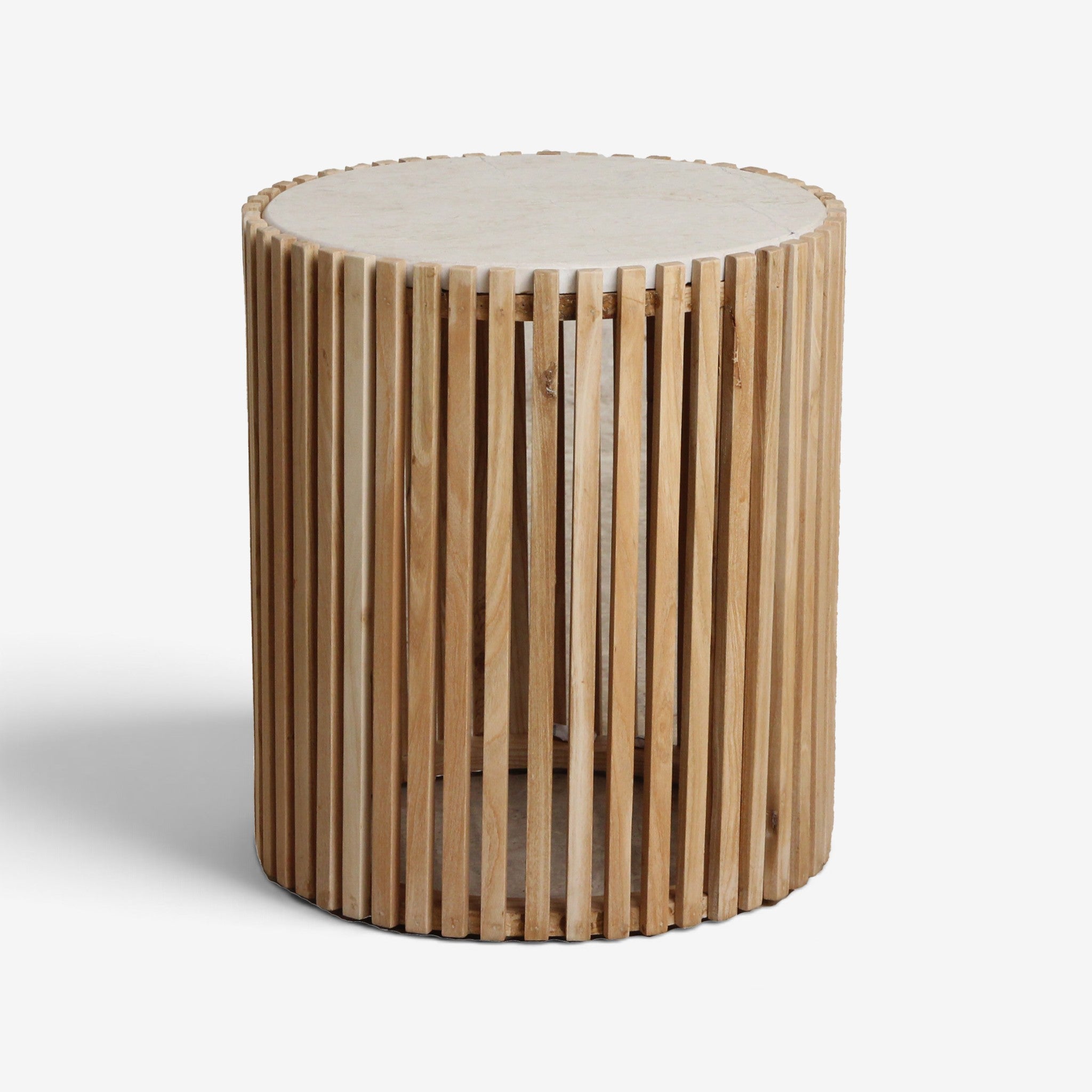 Kayu Living Infinity round side table with a natural marble top and a vertical slatted Sungkai wood base.