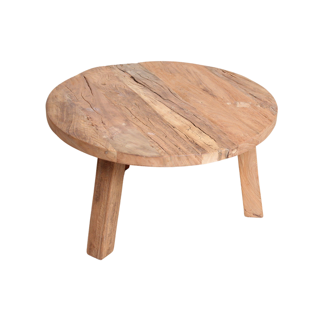 Kayu Living round Farmwood coffee table made from brown reclaimed timber with natural wood grain and rustic texture.
