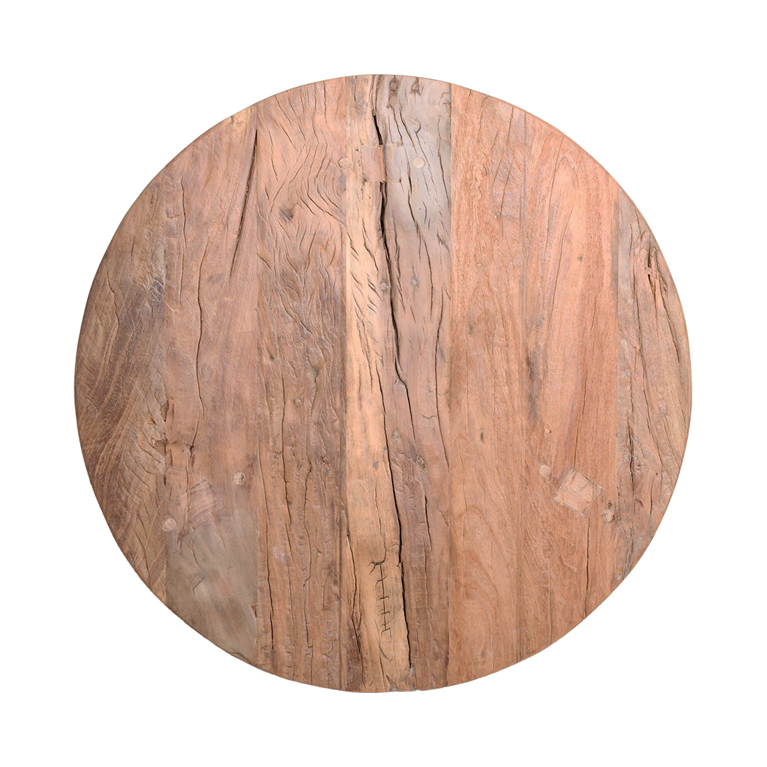 Kayu Living round coffee table top made of brown reclaimed wood with visible natural grain, knots, and rustic texture.
